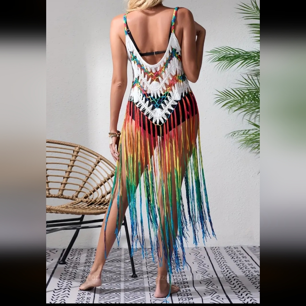 Colorful Hollow Out Crochet Fringe Boho Style Cover Up Dress - Picture 2 of 3